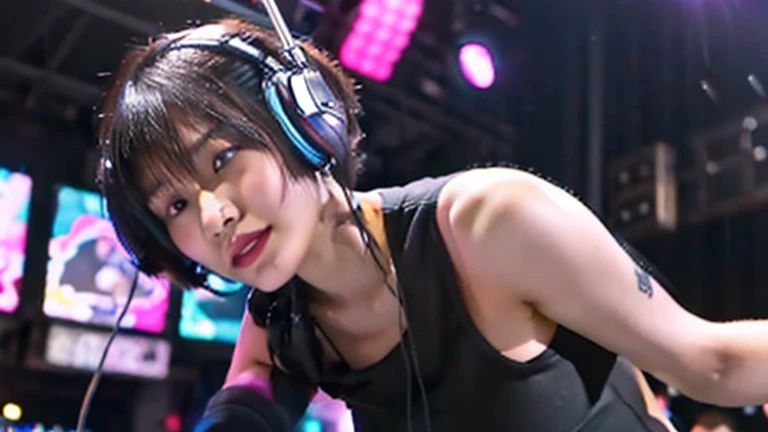 japanese woman,  dj, with headphone, in the club,  kawaii, ((very short cut:1.2)), crowds around, cyber punk, black tank top, ((DJ, upper body, on the stage:1.3))