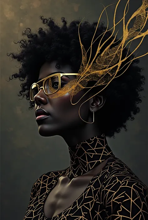 Black design gold glasses short curly hair 