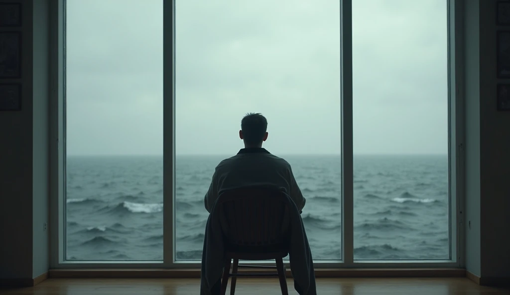 (photorealism:1.2),"A person sitting in front of a large window looking out at a vast ocean, with a gloomy and serene atmosphere. The figure is facing away, but their head is slightly turned towards the camera, with a soft focus and muted tones. The view o...