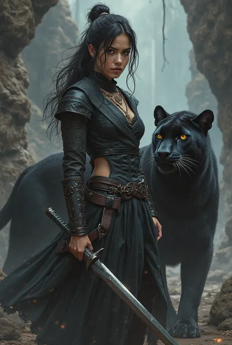 dark-haired young woman with a sword in her hands and her pet panther