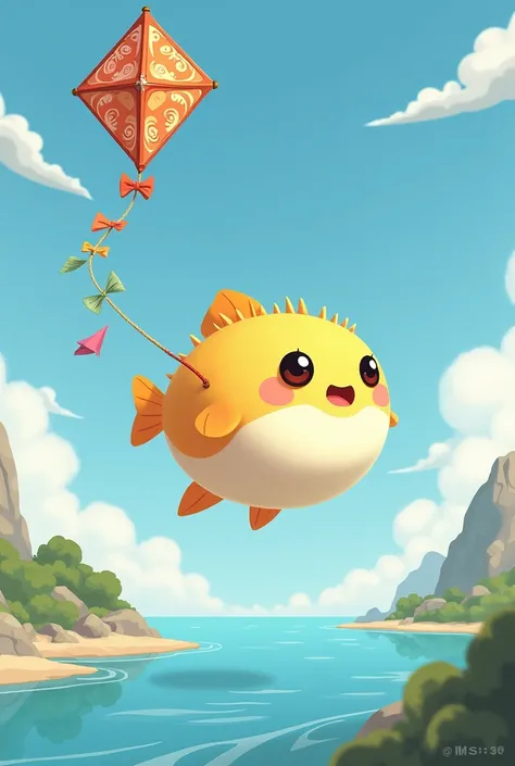 A puffer fish carrying a kite