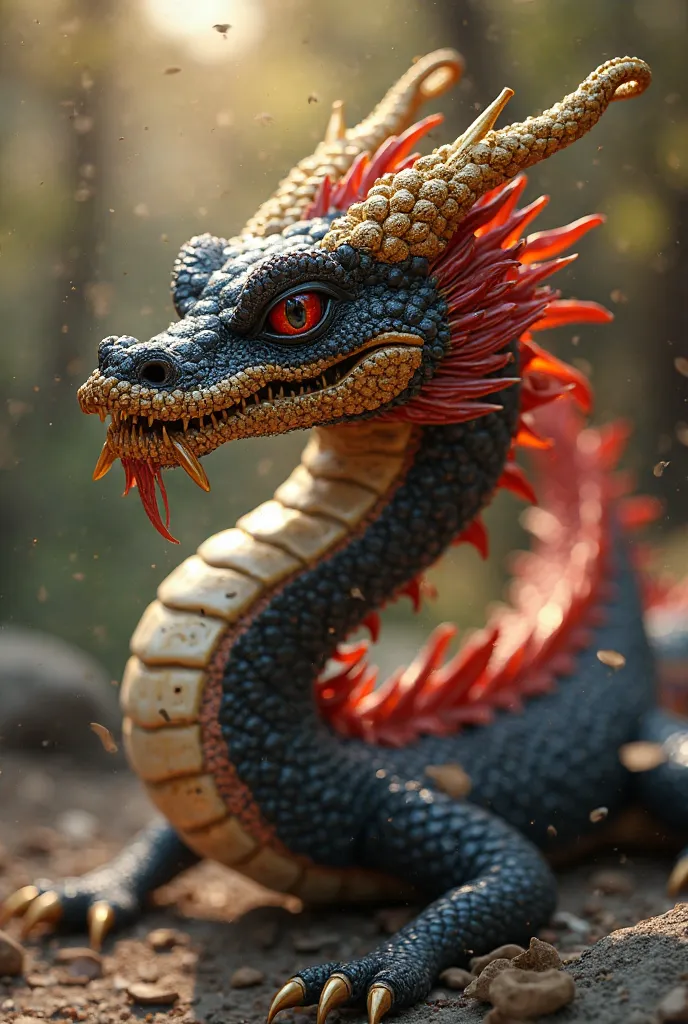 Japanise Water Dragon Full Size Colors Black, Gold and Red Realistic Dragon Full Body Background.No People. close-up, movie still, front facing, under natural lighting, cinematic light shining, soft studio lighting, ultra-realistic, photorealistic, octane ...