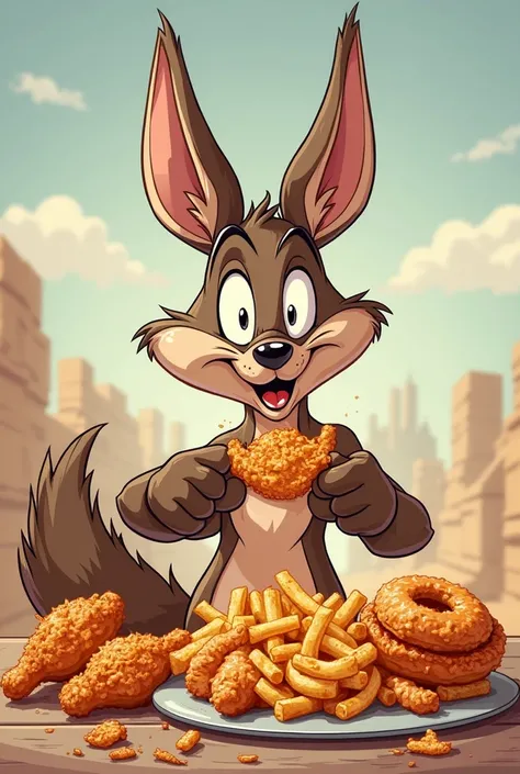 Cartoon coyote eating fried foods 