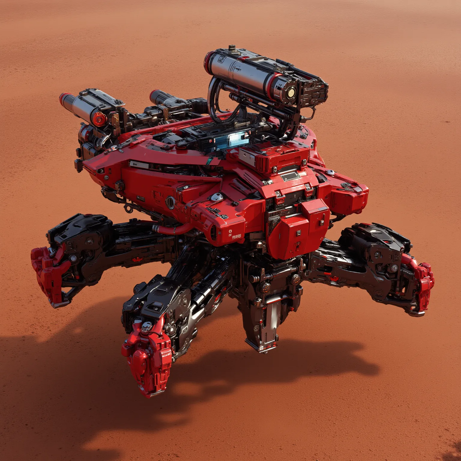 "Realistic, seen from above, Giant armored wanderer,  red, com um pequeno torreta canhão longo de calibre 120 mm em cima dThe giant chubby walker, futurist. dusty due to the sandy terrain, reddish color, terreno Realistic com pedras e areia com coloração a...