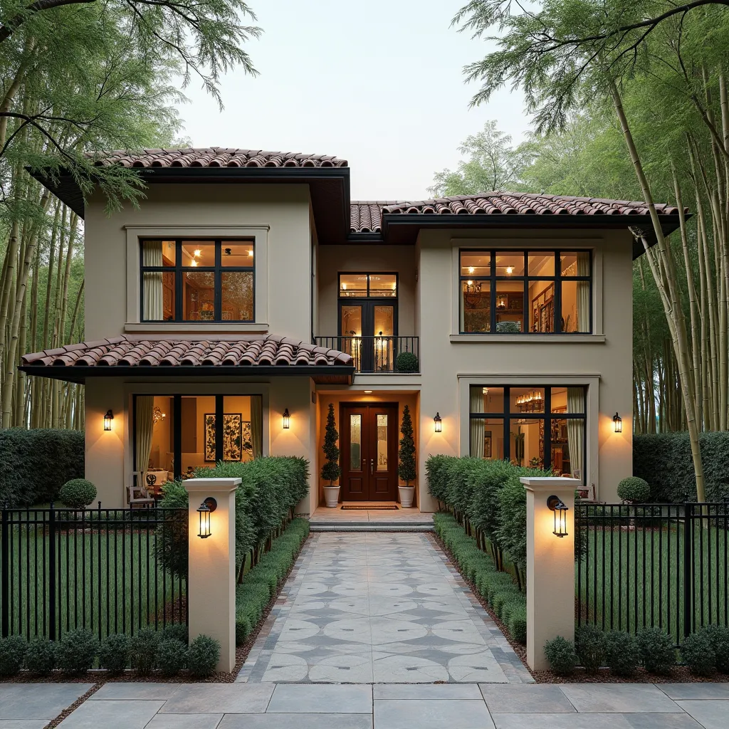 "A two-story Mediterranean-style home with terracotta tiled roofs nestled amidst a serene bamboo forest. The home features a sleek sandstone exterior with large floor-to-ceiling windows, allowing natural light to flood the interior. The entrance is illumin...