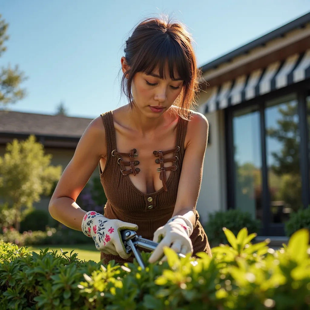 professional photographic shot of a beautiful woman gardening, she has short, tousled brown hair with bangs, her fair skin illuminated by natural sunlight, showcasing subtle shadows, she wears a form-fitting textured brown jumpsuit with stylish cutouts on ...