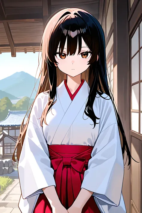 masterpiece, best quality, anime screeshot, a close photo of Kikyo, 1 girl, solo, standing, brown eyes, long hair, red hakama and white kimono, looking_at_viewer, expressionless, upper_body, ((Village background:1.0))