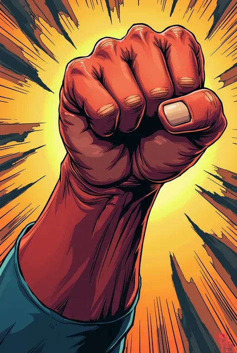 With superhero comic animation, make an image showing only the fist of an angry young man 