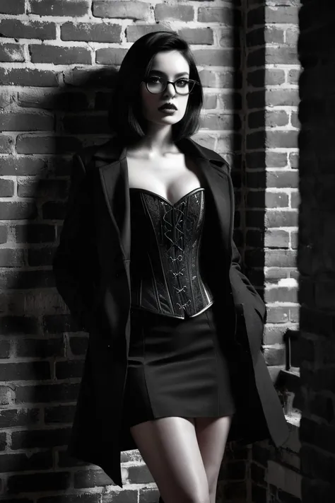 A young woman with a black corset,  black miniskirt ,  and overcoat black. black-haired girl.  shoulder-length hair . Black pants and boots. An empty room with exposed brick wall.