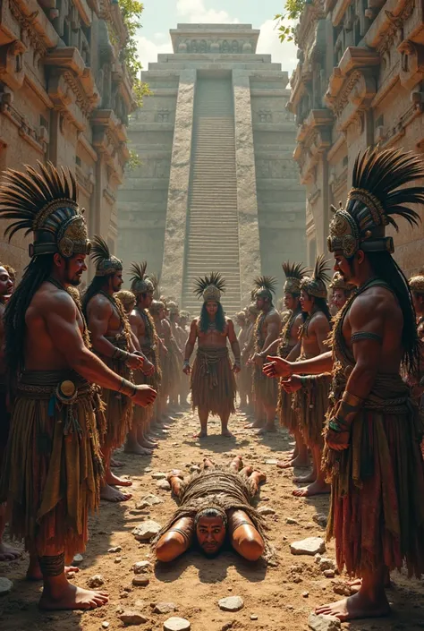 The Aztec sacrifice 
 A group of indigenous people in a ritual, with the motorcyclist tied up and surrounded by priests, symbolizing his capture and sacrifice.

