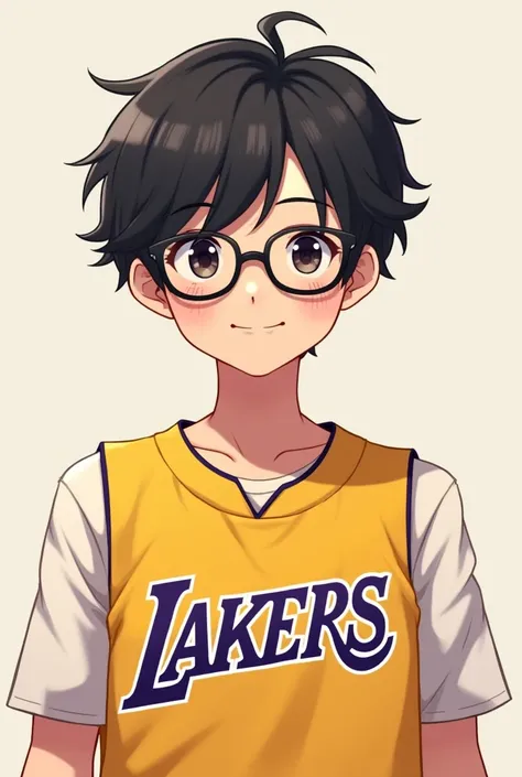  male anime character, black hair covering the forehead, a normal smile, NBA Lakers shirt, and black glasses