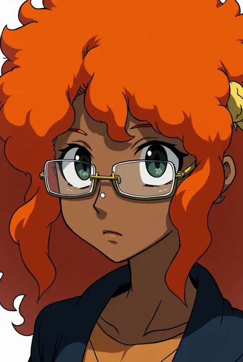 The image in question is in the style of the anime Jujutsu Kaisen, She is one with black skin and dark eyes. Her hair is curly and long in an orange red, with a blonde lock next to the ear and a curly fringe, on the inside of her hair. She has three pierci...