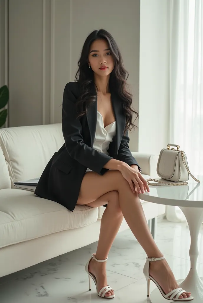  Close up,a young and beautiful Sundanese woman , clean white skin ,solid body,sintal and ideal ,ideal solid chest , elegant and stylish black hair, sexy formal shirt open buttons ,black, white elegant office suit ,wear white tight miniskirt , high hills s...