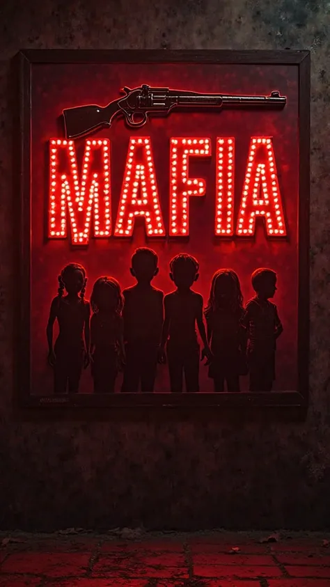 Make the sign say Menace Mafia Famliy with Red LED lights and a Gun add 3 silhouettes of girls on the sign and 3 silhouettes of 3 boys mafia looking 