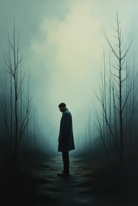 An oil painting that deals with sadness, showing a dark landscape and an undetailed character
