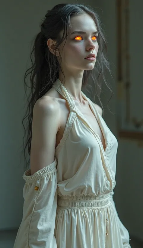 (24yo skinny anorexic gothic punk girl, slender skinny anorexic demon woman with enormous eyes),(pearly white linen drappy loosefitting empire-waist elegant outfit) ((top quality, 8k, masterpiece: 1.3)), crisp focus: 1.2, ((beautiful skinny anorexic demon ...