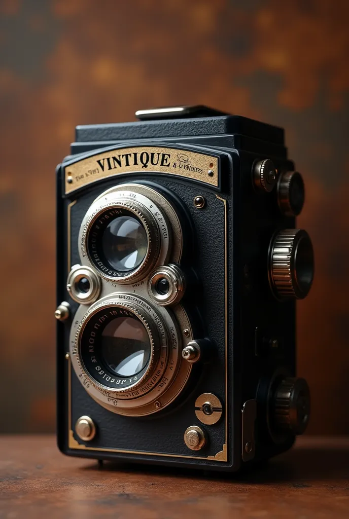 Logo design for 'Vintique', an antique shop specializing in vintage cameras. The centerpiece should be a classic Zeiss Ikon bellows camera (1930s-1950s style) with intricate metallic details and leather textures. The camera should have a timeless, elegant ...