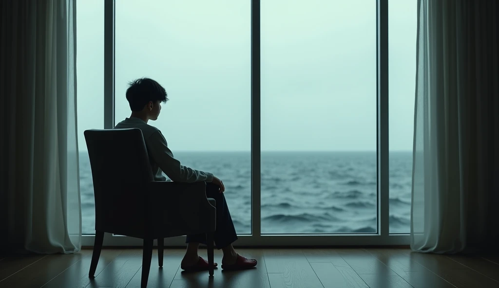 (photorealism:1.2),"A person sitting in front of a large window looking out at a vast ocean, with a gloomy and serene atmosphere. The figure is facing away, but their head is slightly turned towards the camera, with a soft focus and muted tones. The view o...