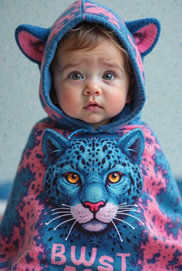 A Baby boy wearing a cloth design of a blue and pink panther name Baby beast on the cloth