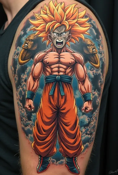 A tattoo of Goku from Dragon Ball GT 3 stages turning into a giant monkey then into a monkey and super Saiajin 4