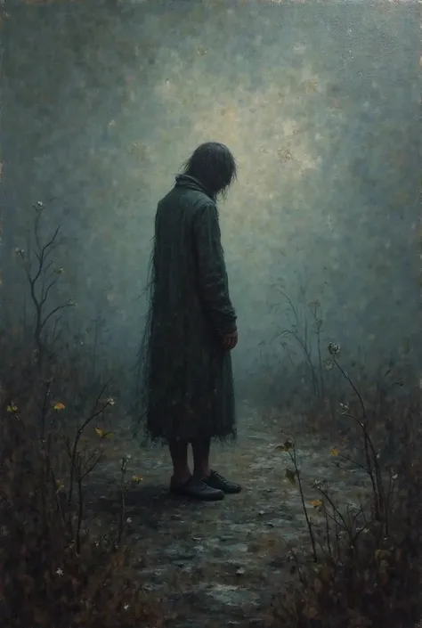 An oil painting about sadness showing a dark landscape and an undetailed character in 3d format