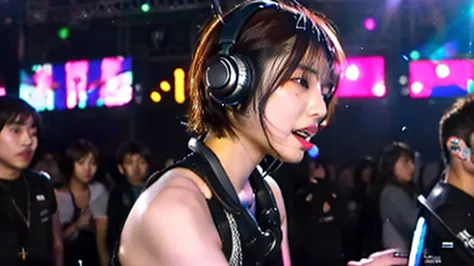 japanese woman,  dj, with headphone, in the club,  kawaii, ((very short cut:1.2)), crowds around, cyber punk, black tank top, ((DJ, singing, on the stage:1.3))