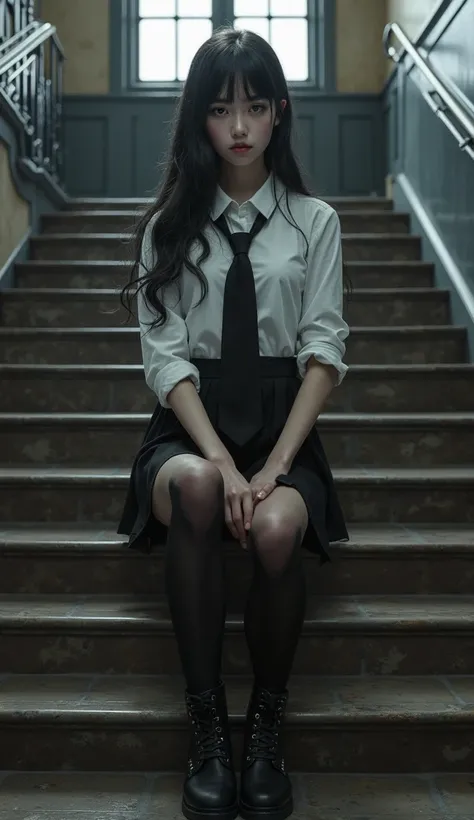 there is a woman sitting on a set of stairs wearing a skirt and tie, wearing skirt and high socks, white blouse and gothic boots, dressed as schoolgirl, thighhighs and skirt, school girl in gothic dress, a hyperrealistic schoolgirl, of a schoolgirl posing,...