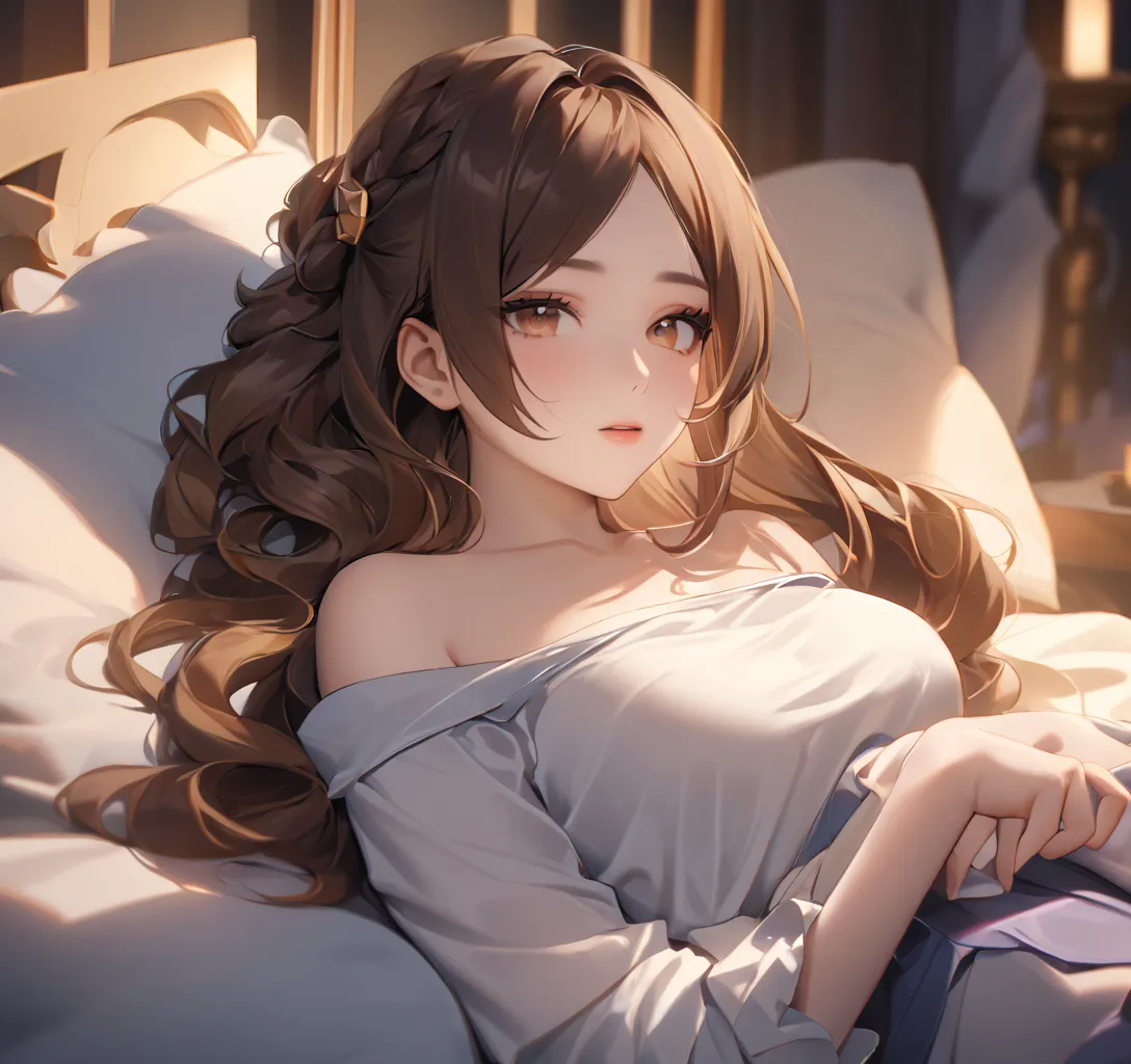 Chiori from genshin impact, busty, small waist, on bed, brown hair 