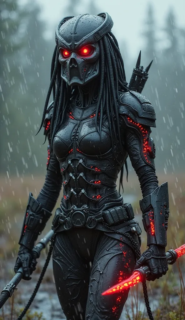 In the same desolate battlefield, a nightmarish figure emerges—a terrifying fusion of Black Widow and the Predator, built for lethal efficiency. Her slender yet powerfully muscular form is wrapped in biomechanical armor, sleek yet terrifying, with intricat...