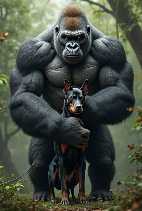 Silver-backed muscular gorilla hugging black pinsher dog 