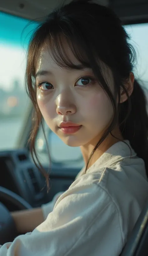  photorealistis,   ultra-realistic  , very beautiful Japanese university student girl,  famous Japanese idol , 25 years old, driving a large truck,   dramatic scene , masterpiece, (face focus:1.3),  pretty eyes ,