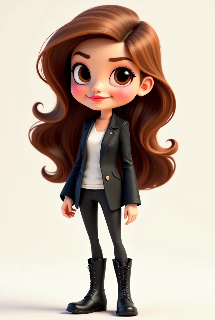  Disney Pixar full body cartoon woman poster , brown hair with highlights Framing the face soft blonds , dark brown eyes,  thick nude lips with white skin
With white t-shirt and black blazer, black boots