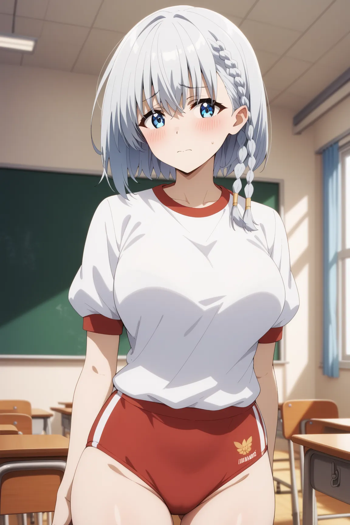 masterpiece,best quality,{{detailed beautiful face and eyes}}, very detailed background,
Beta,{{{megami magazine}}},short hair,grey hair,braid,hair between eyes,blue eyes,large breasts,
gym uniform,red buruma, white shirt, short sleeves, thighs,
1woman,(is...