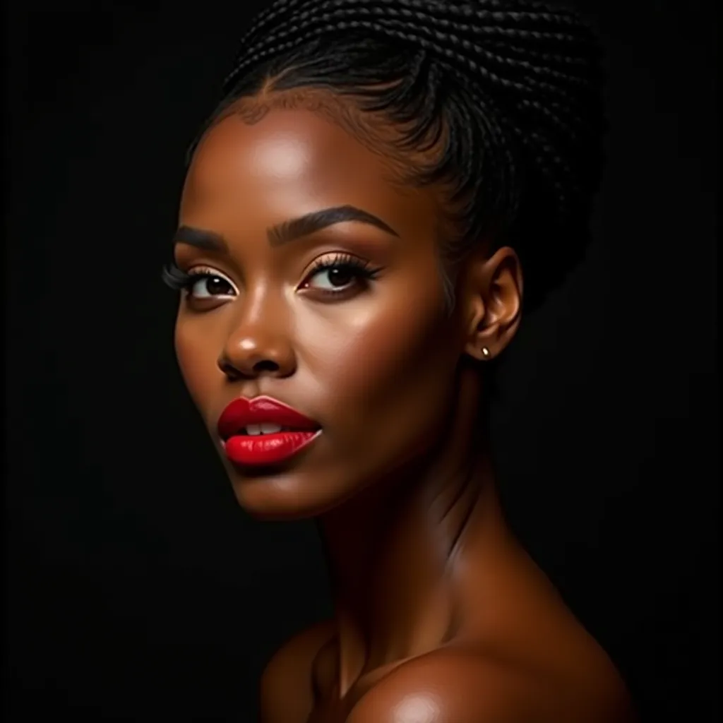 "Ultra-realistic studio portrait of a stunning Black woman with a naturally light caramel complexion, wearing bold red matte lipstick. Her skin has golden undertones and visible texture under high-definition lighting, captured by a professional camera. She...