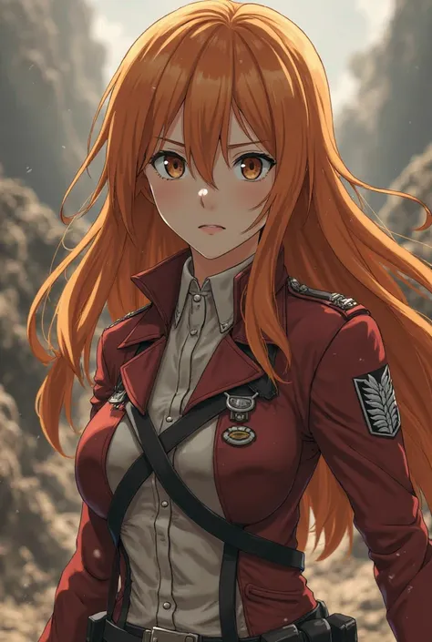 Attack on titan screencap of female with long orange hair, brown eyes, pale skin and she is wearing her scout uniform. Mappa studios 