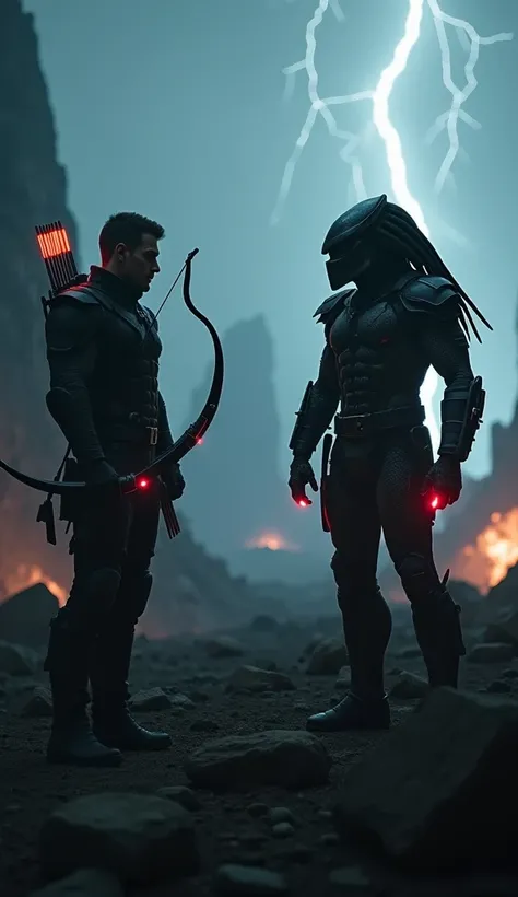 In a dark, cinematic battlefield, shrouded in mist and illuminated by the faint flicker of distant fires, Hawkeye and the Predator stand side by side in eerie silence. Hawkeye, clad in his tactical gear, grips his high-tech bow, an arrow already nocked, it...