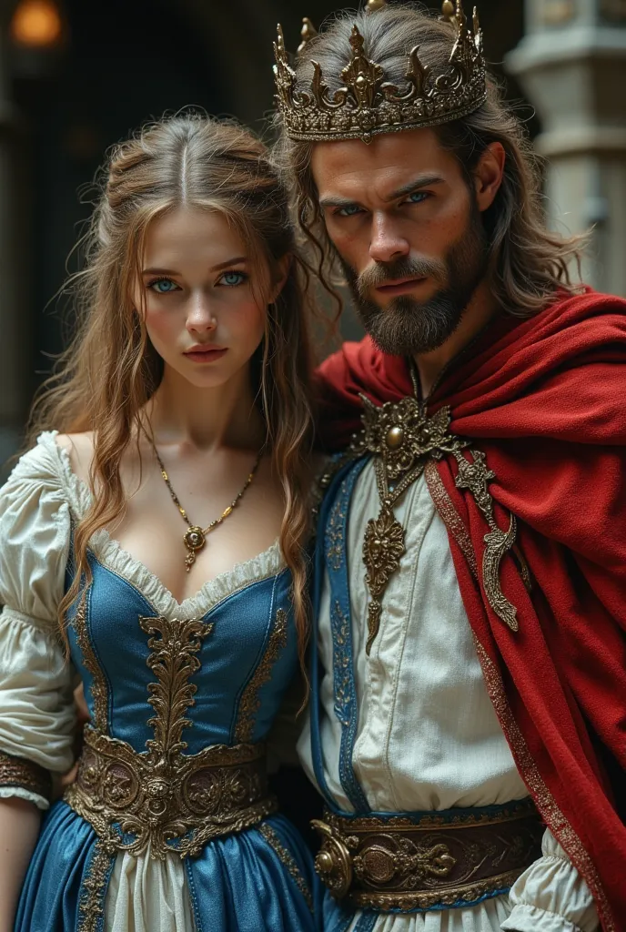 A muscular 30-year-old king, blue eyes, messy mid-length blond hair, slight brown beard , Medieval white king outfit with a red cloak, A crown on his head. Next to him, is a 25-year-old pale-skinned woman, blue eyes, long wavy and brown hair, dressed in a ...