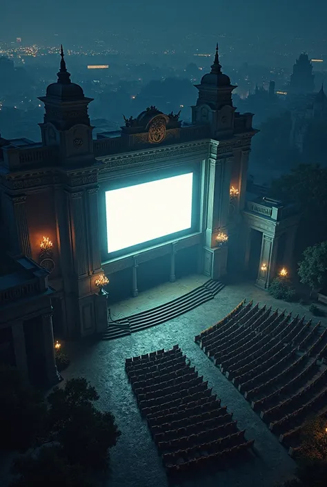 Create a general photo of a movie theater, that can be seen from above, Make the screen visible and everything dark 