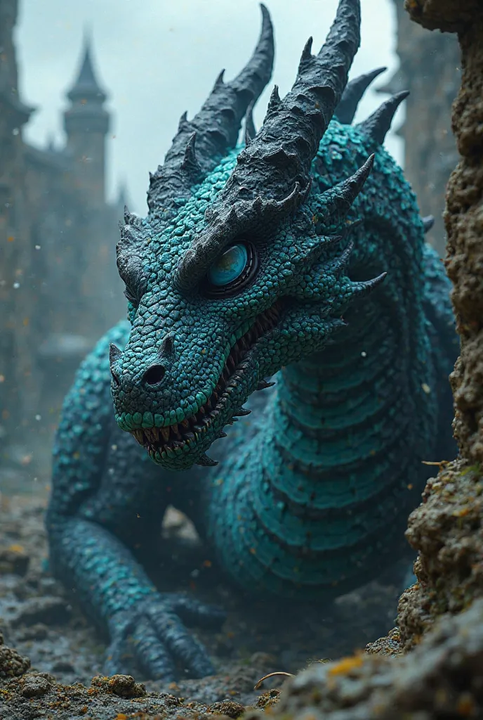 An intimidating-looking dragon with a cyan eye, black scales mixed with cyan scales, must be in a medieval era format.