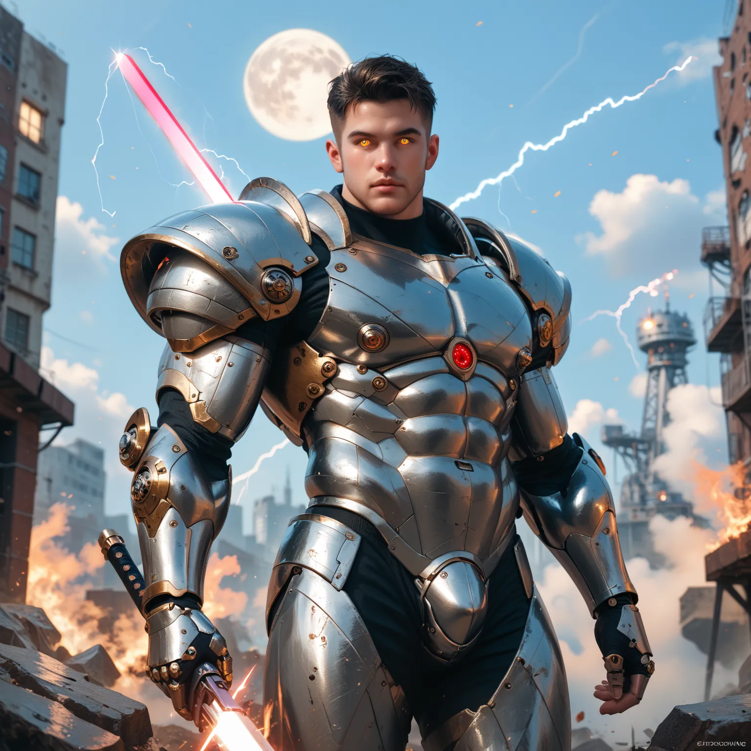 Cybernetic Knight, Male, Iridescent White Glowing Eyes with lightning shooting out of the eyes, Heavily Muscled Cybernetic Metal Flesh, Wearing shiny reflective Steel Heavy Armor, Grasping a Laser Great Sword, Standing in a Post Apocalyptic Battlefield at ...