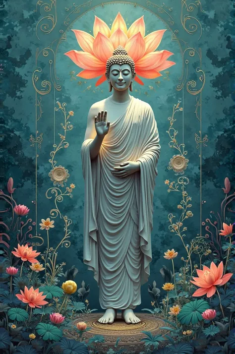 Buddha figure standing with big lotus flower, nature, thai pattern, blue background
