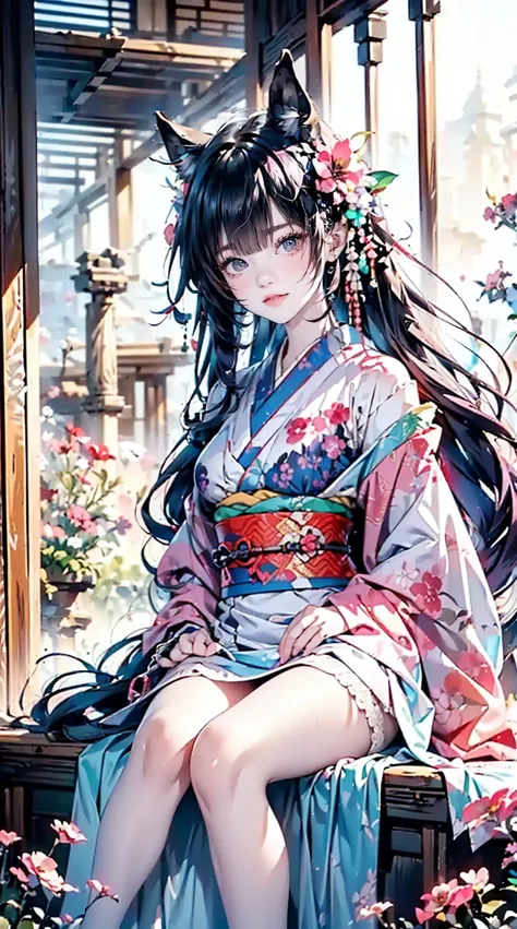 Best quality, 8K, Best quality, Masterpiece, ((Beautiful aristocratic princess with odd eyes)), ((Heterochromia, red eyes, green eyes)), ((Sparkling, fine eyes)), Beautiful eyes, ((Long silver and purple hair)), ((Sitting in an ancient palace wearing a 12-...