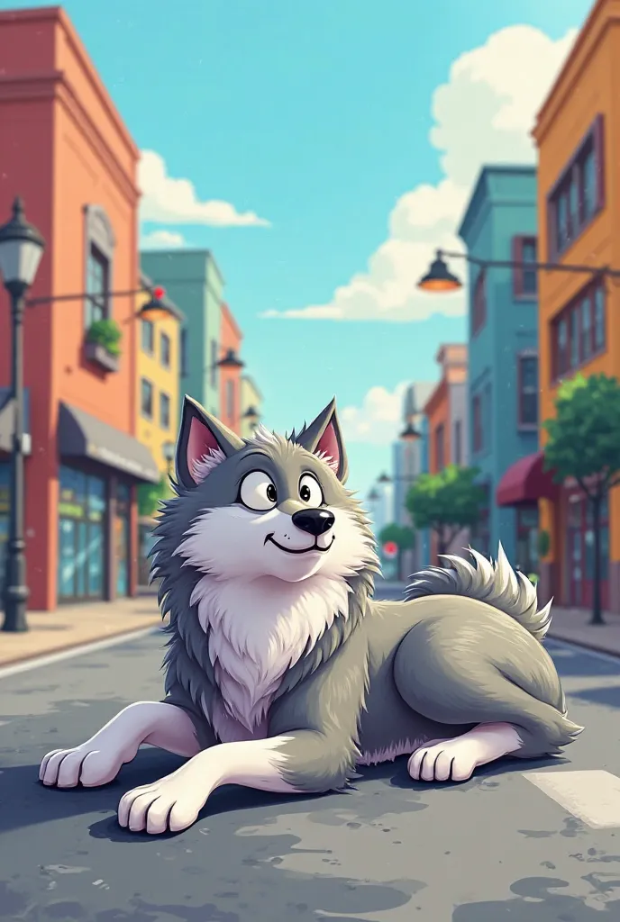 Wolf posing lying down street cartoon