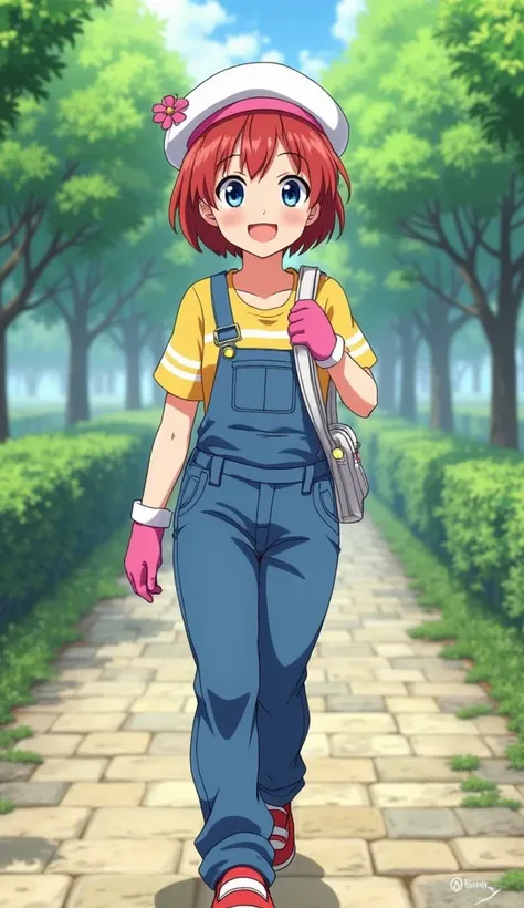 full body image,  style: anime, bottom: walking through a park with bright green trees and shrubs and stone paths, high definition, ,  short red hair, blue eyes, happy smile, Blue overalls, yellow short-sleeved t-shirt with white stripes, red shoes with wh...