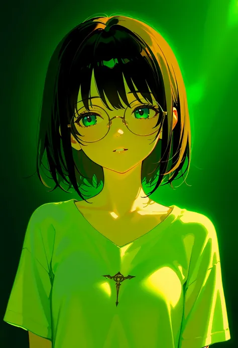 A beautiful young woman in anime-style with short, wavy black hair and large, round gold-rimmed glasses. Her eyes are bright and expressive, with a soft green hue, and her cheeks have a natural rosy tint. She has a gentle smile, slightly parted lips, and s...