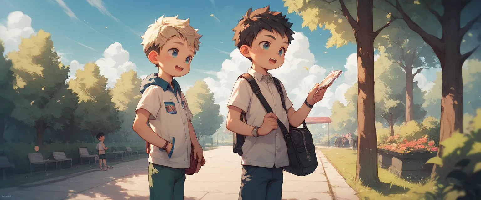 1 boy, standing, shota, in a park 