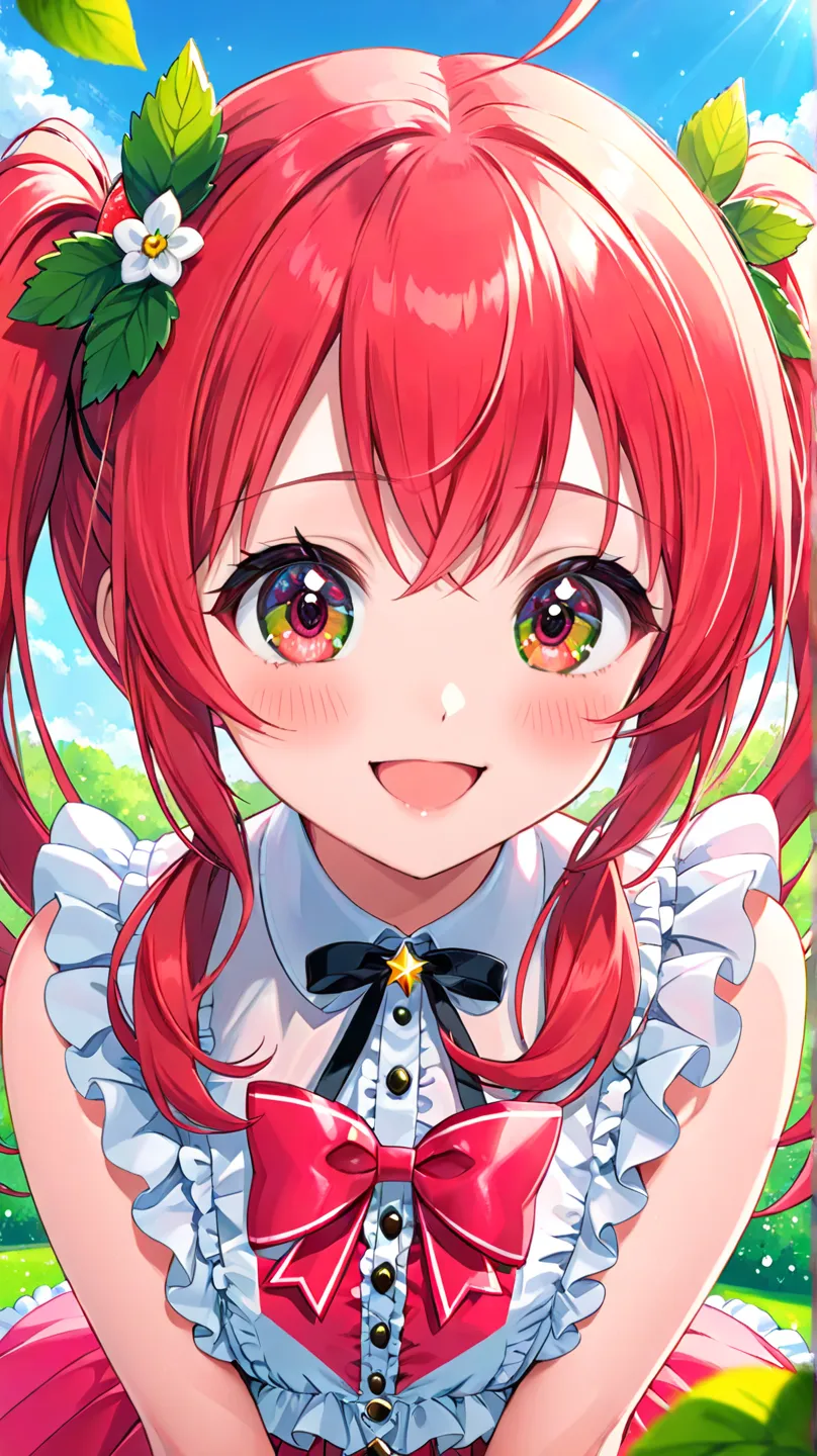 (Extreme close-up, Face-focused portrait)1girl, cute idol-style girl, red twin tails, fluffy frilled dress, strawberry leaf hair accessory, sparkling big eyes, slightly mischievous smile, sweet and sour atmosphere, playful pose, cheerful spring background
