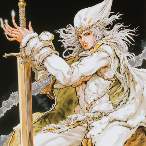  A hot woman, With shiny gold eyes and a black mark on her eyes in the form of light;  long white hair, She wears a white coat with fur, white high-heeled boot. a white crown; She is angry, using a white metallic sword. anime style 