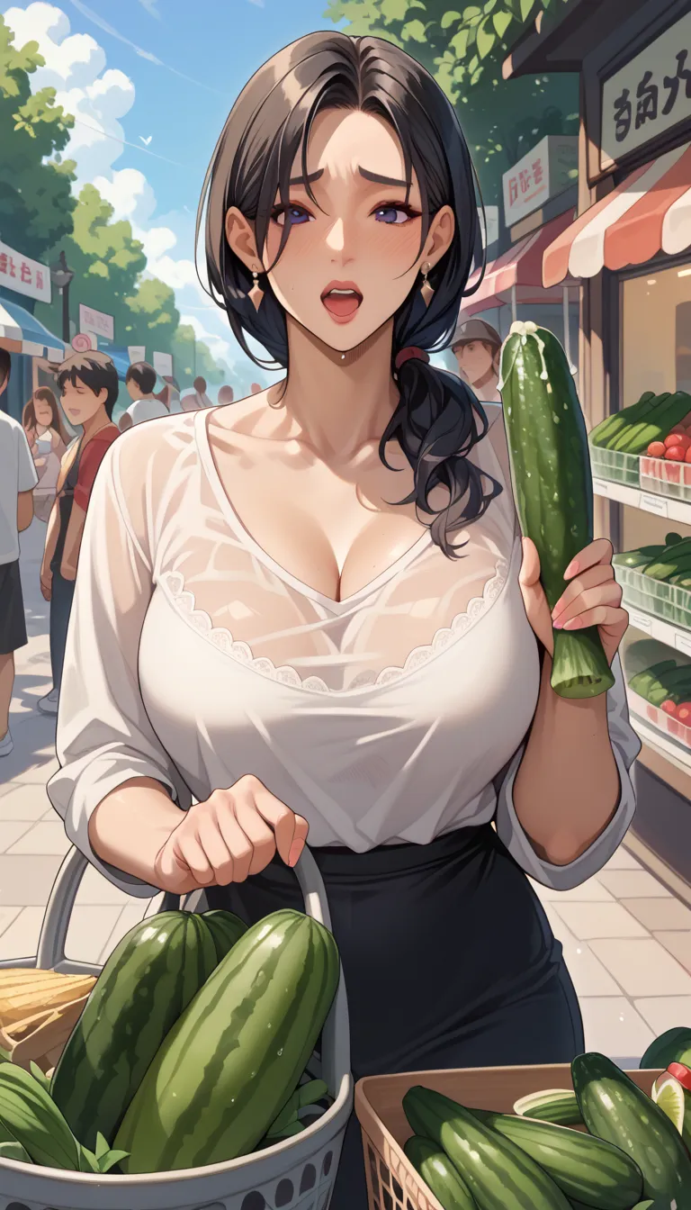 Mature Woman、Black Hair、 shopping、Vegetable section、Pinch a cucumber 、 a cucumber between my breasts、、 orgasm expression 、