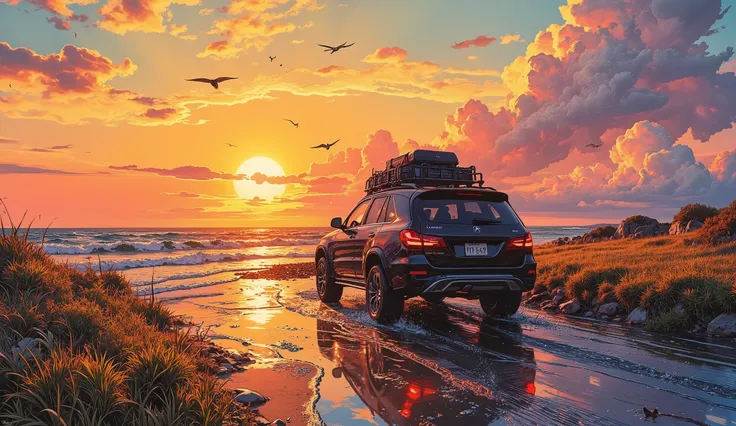 A car running towards the sunset(4WD)'s art, The roof carrier is loaded with luggage,the road continues into the sunset,Emphasize perspective ,the part close to the sunset、the farther part spreads, the sunset is reflected on the ground or water surface(Pa...
